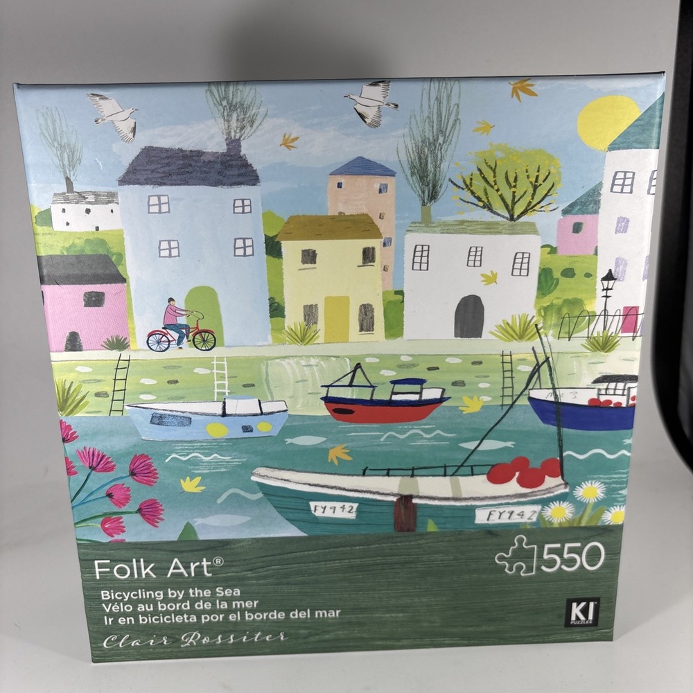 KI Puzzle 550 Pieces Folk Art Jigsaw Puzzle Bicycling By The‎ Sea Clair Rossiter